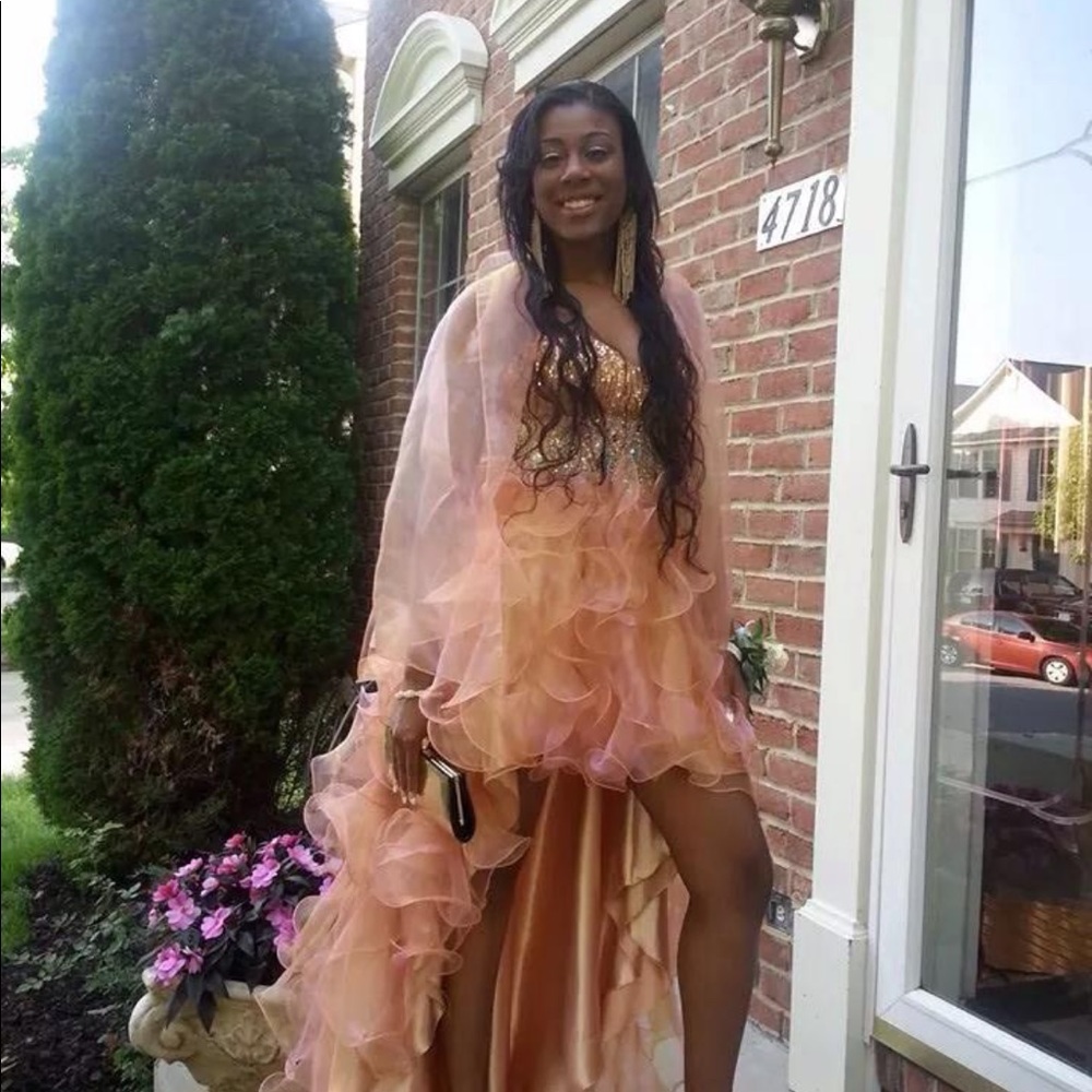 Champagne high low prom dress with train